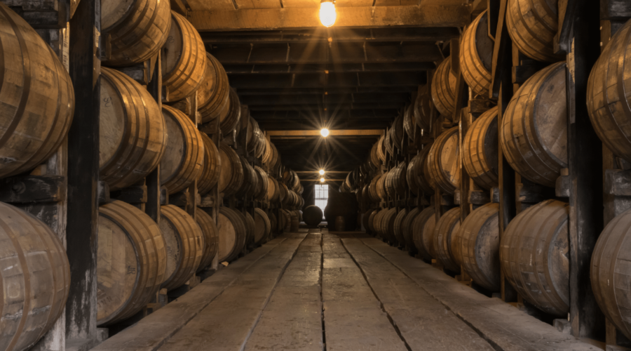 Rows of Bourbon Barrels in a store house