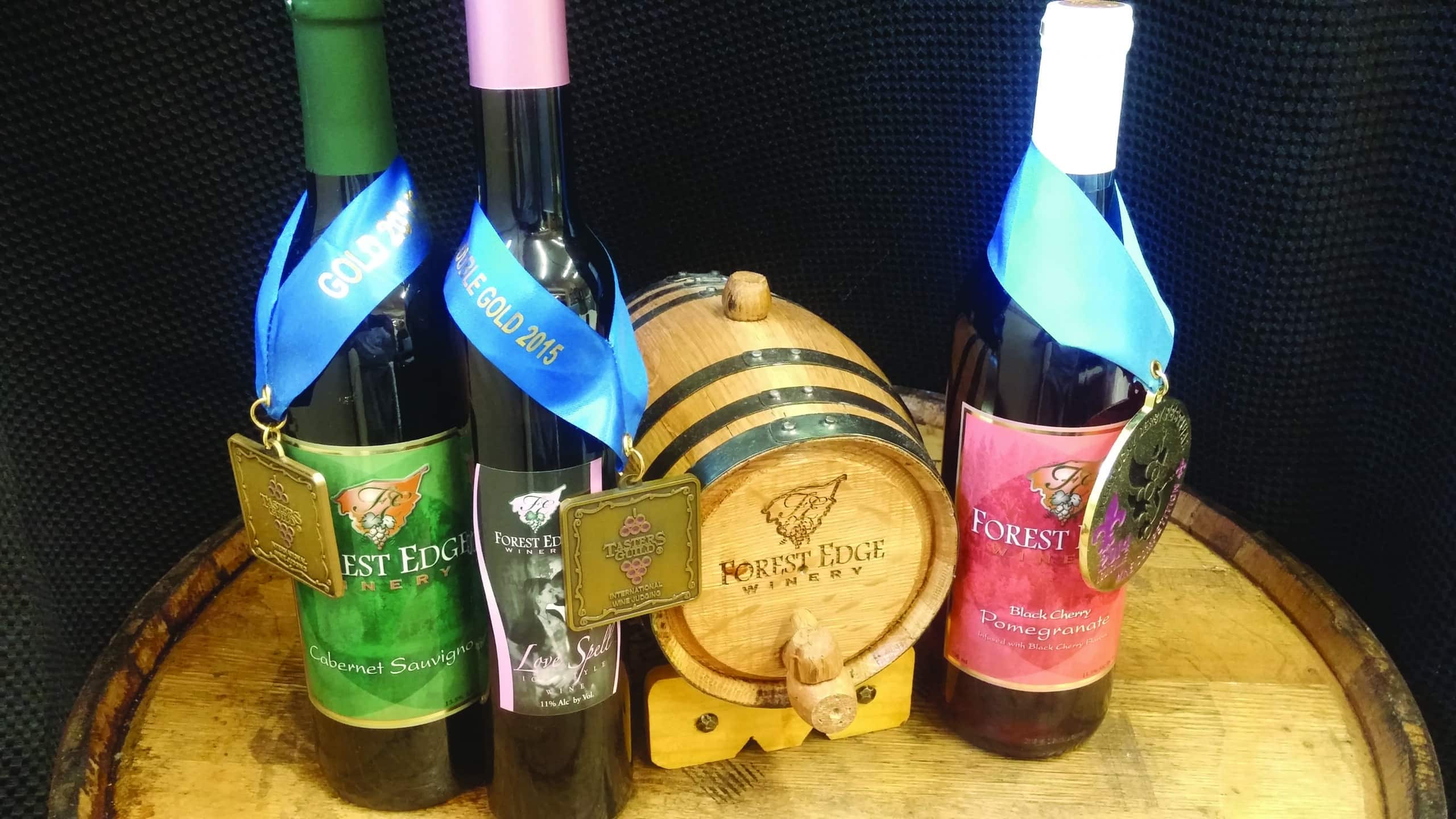 Forest Edge Winery bottle with awards